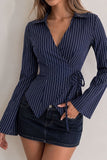 Striped Wrap V-Neck Tie Waist Blouse