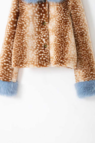 Faux Fur Collar Spot Print Button Jacket