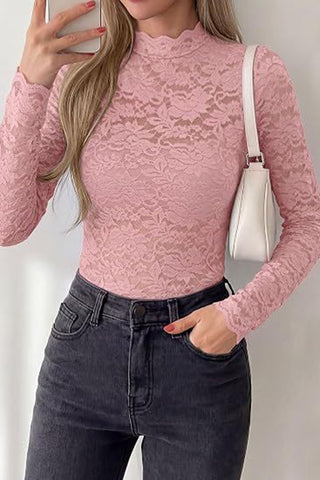 Floral Lace Mock Neck Long Sleeve Blouse