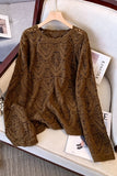 Open-Knit Crochet Crew Neck Sweater