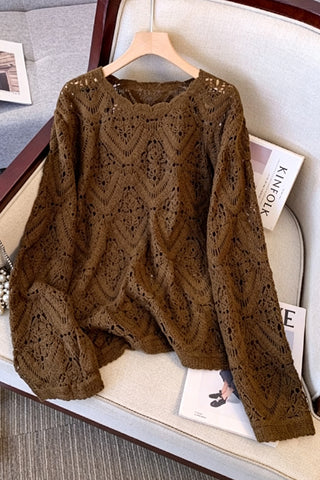 Open-Knit Crochet Crew Neck Sweater