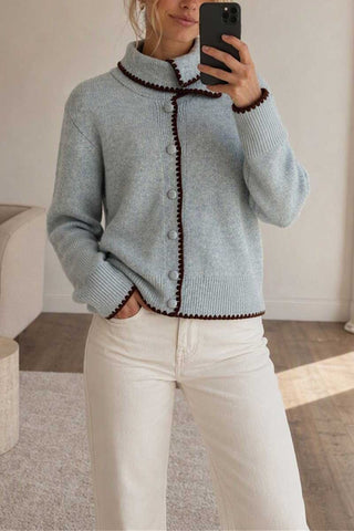 Scallop Trim Mock Neck Button Cardigan