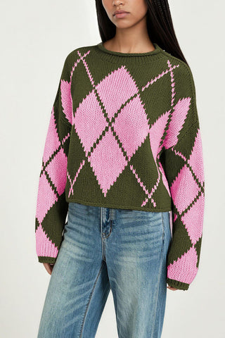 Argyle Knit Crew Neck Sweater