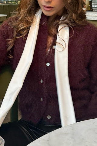 Mock Neck Button-Front Fuzzy Knit Cardigan