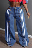 Striped Side Button Baggy Jeans