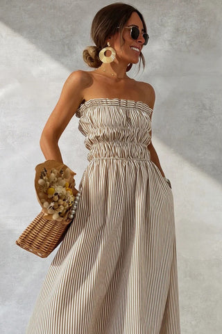 Striped Smocked Strapless Maxi Casual Dress