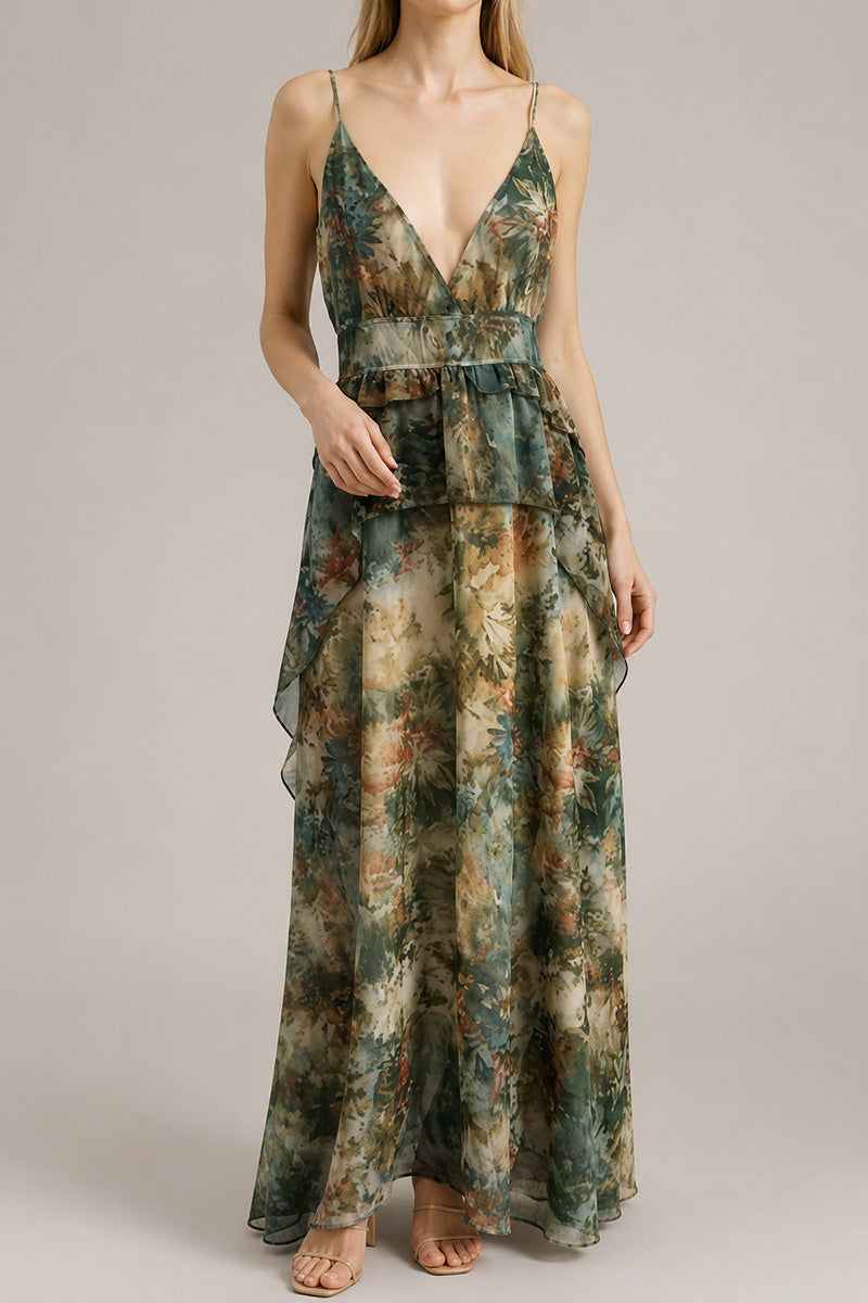 Tiered V-Neck Ruched Maxi Dress