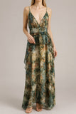 Tiered V-Neck Ruched Maxi Dress