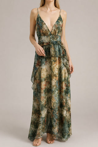 Tiered V-Neck Ruched Maxi Dress