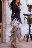 V-Neck Puff Sleeve Tiered Fringe Dress