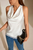Satin Cowl Neck Lace Hem Tank