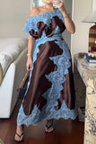One-Shoulder Lace Overlay Satin Maxi Dress