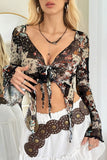 Sheer Floral Tie-Front Bell Sleeve Blouse