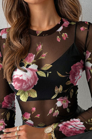 Sheer Floral Long Sleeve Crew Neck Top