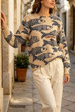Fish Print Crew Neck Knit Sweater