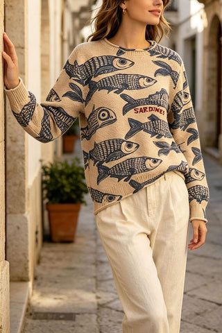 Fish Print Crew Neck Knit Sweater