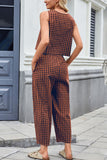Sleeveless Plaid High-Waist Pants Set