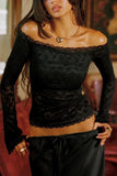 Off-Shoulder Lace Ruched Long Sleeve Top