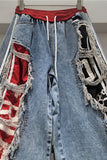 Distressed Side-Stripe Drawstring Straight Jeans
