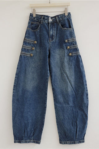 Button-Detail High-Waist Barrel Jeans
