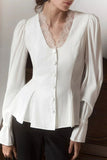Lace V-Neck Puff Sleeve Button Blouse