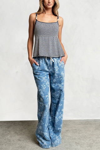 Floral Print Drawstring Wide-Leg Baggy Jeans