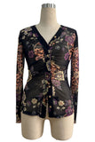 Sheer Floral Print Button-Front Blouse