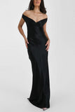 Ruched Off-Shoulder Satin Maxi Evening Dress