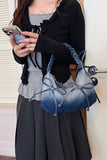 Ruched Handle Drawstring Denim Hobo Bag