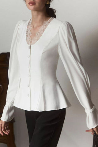 Lace V-Neck Puff Sleeve Button Blouse