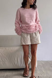 Fuzzy Cuff Boat Neck Stripe Knit Sweater