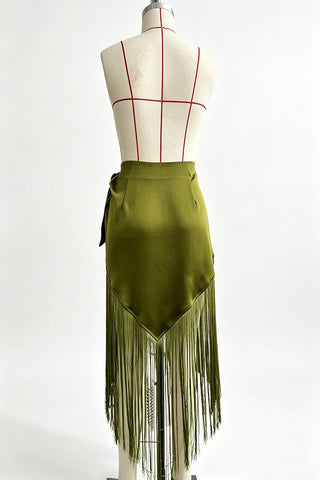 Fringe Tie-Waist Wrap Midi Skirt