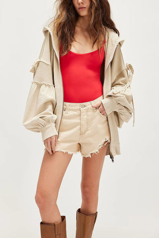 Tie-Sleeve Puff Zip-Up Hoodie