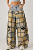 Distressed Plaid Wide Leg Jeans