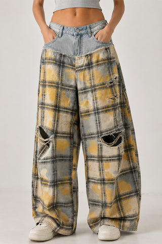 Distressed Plaid Wide Leg Jeans