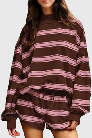 Striped Mock Neck Long Sleeve Short Set