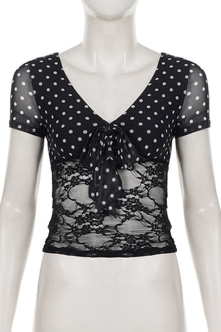Polka Dot Sheer Lace Bow T-Shirt