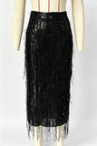 Sequin Fringe High-Waist Midi Skirt