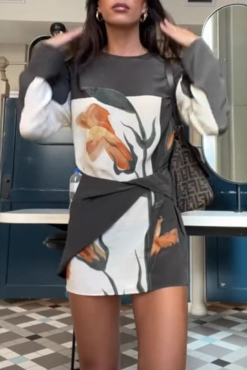Floral Panel Long Sleeve Wrap Mini Dress