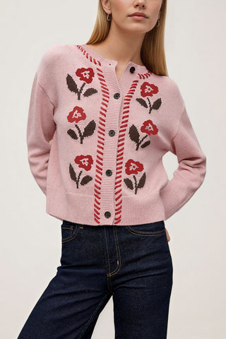 Floral Intarsia Knit Button-Front Cardigan