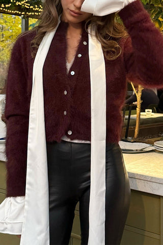 Mock Neck Button-Front Fuzzy Knit Cardigan