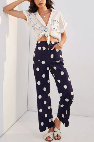 Polka Dot Button High-Waist Straight Jeans