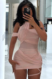 Ruched Asymmetric Neck Bodycon Mini Dress
