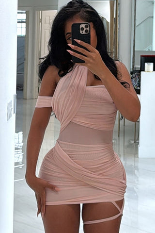 Ruched Asymmetric Neck Bodycon Mini Dress