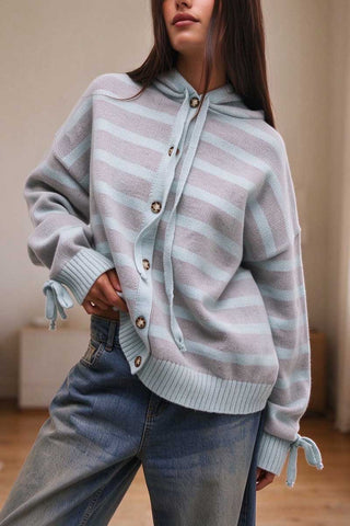 Striped Hooded Button-Front Knit Cardigan