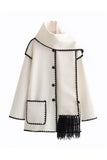 Contrast Trim Fringe Hem Cape Coat