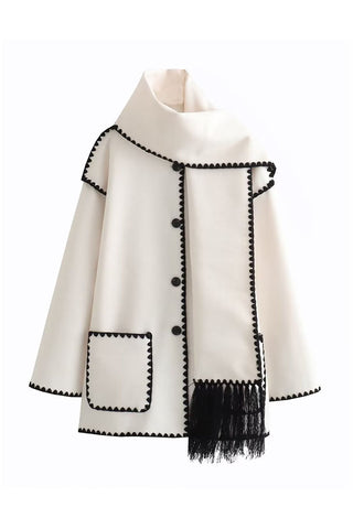 Contrast Trim Fringe Hem Cape Coat