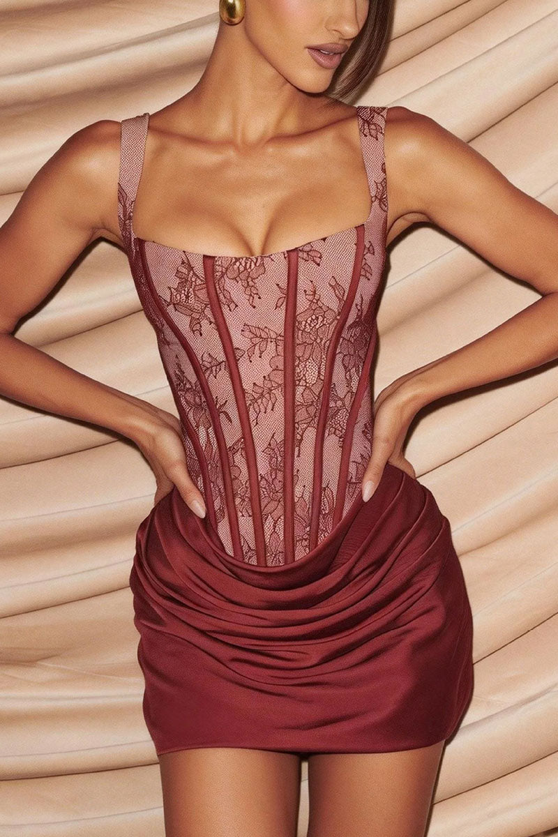 Square Neck Lace Corset Mini Dress