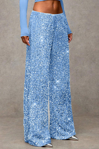 Sequin Drawstring Wide-Leg Casual Pants