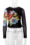 Sheer Mesh Sleeve Floral Print Top
